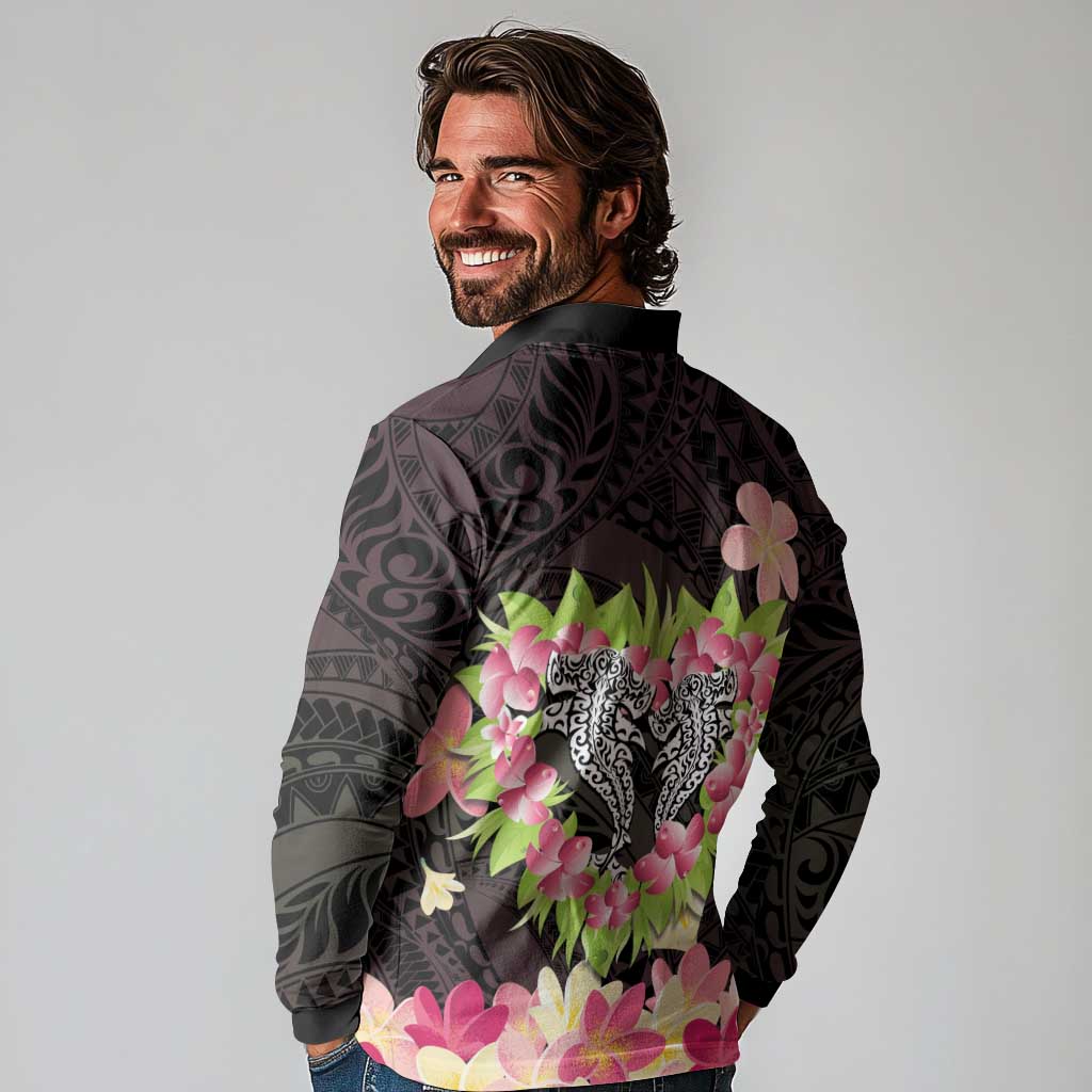 Polynesia Valentine's Day Long Sleeve Polo Shirt Hammerhead Shark Plumeria With Polynesian Pattern