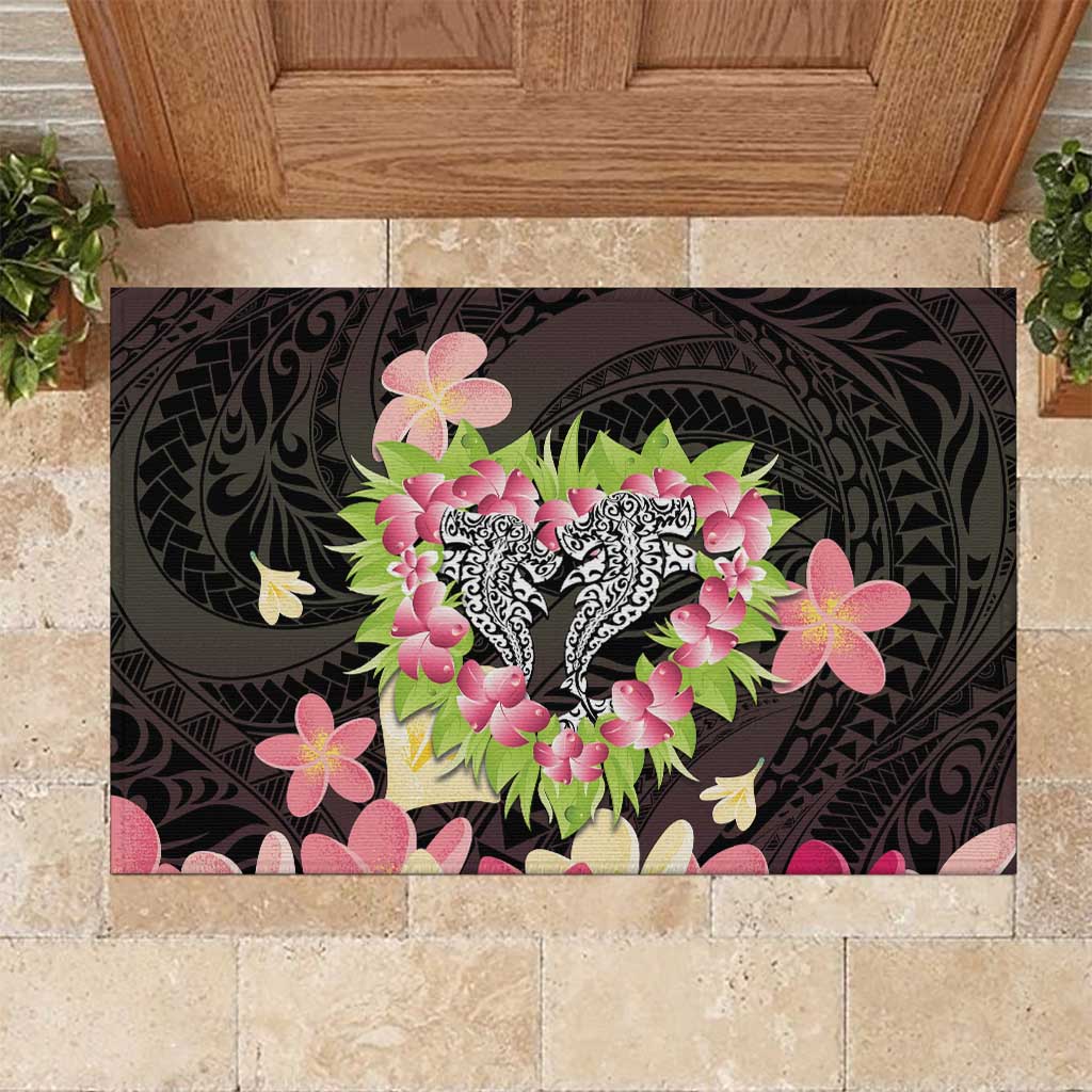 Polynesia Valentine's Day Rubber Doormat Hammerhead Shark Plumeria With Polynesian Pattern