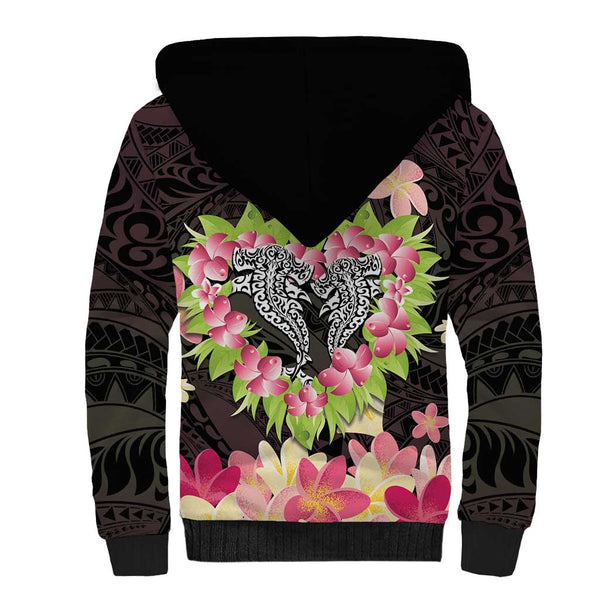 Polynesia Sherpa Hoodie Plumeria With Tribal Pattern Brown Pastel Vibes LT14 main image 1