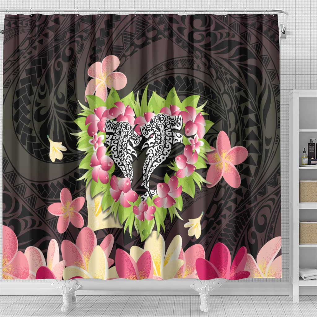 Polynesia Valentine's Day Shower Curtain Hammerhead Shark Plumeria With Polynesian Pattern