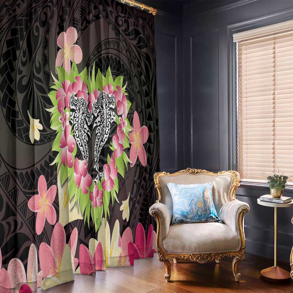 Polynesia Valentine's Day Window Curtain Hammerhead Shark Plumeria With Polynesian Pattern