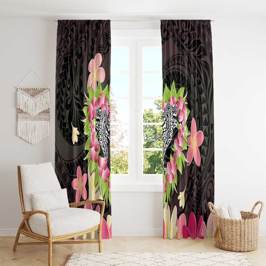 Polynesia Valentine's Day Window Curtain Hammerhead Shark Plumeria With Polynesian Pattern