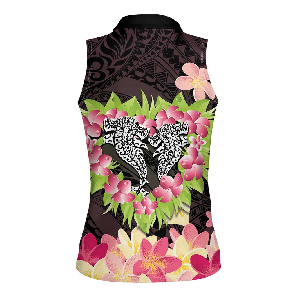 Polynesia Valentine's Day Women Sleeveless Polo Shirt Hammerhead Shark Plumeria With Polynesian Pattern