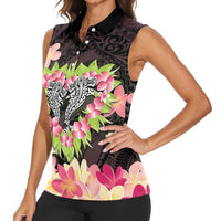 Polynesia Valentine's Day Women Sleeveless Polo Shirt Hammerhead Shark Plumeria With Polynesian Pattern