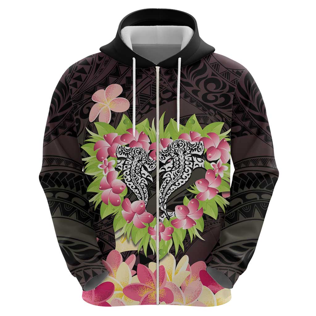 Polynesia Valentine's Day Zip Hoodie Hammerhead Shark Plumeria With Polynesian Pattern LT14 - Polynesian Pride