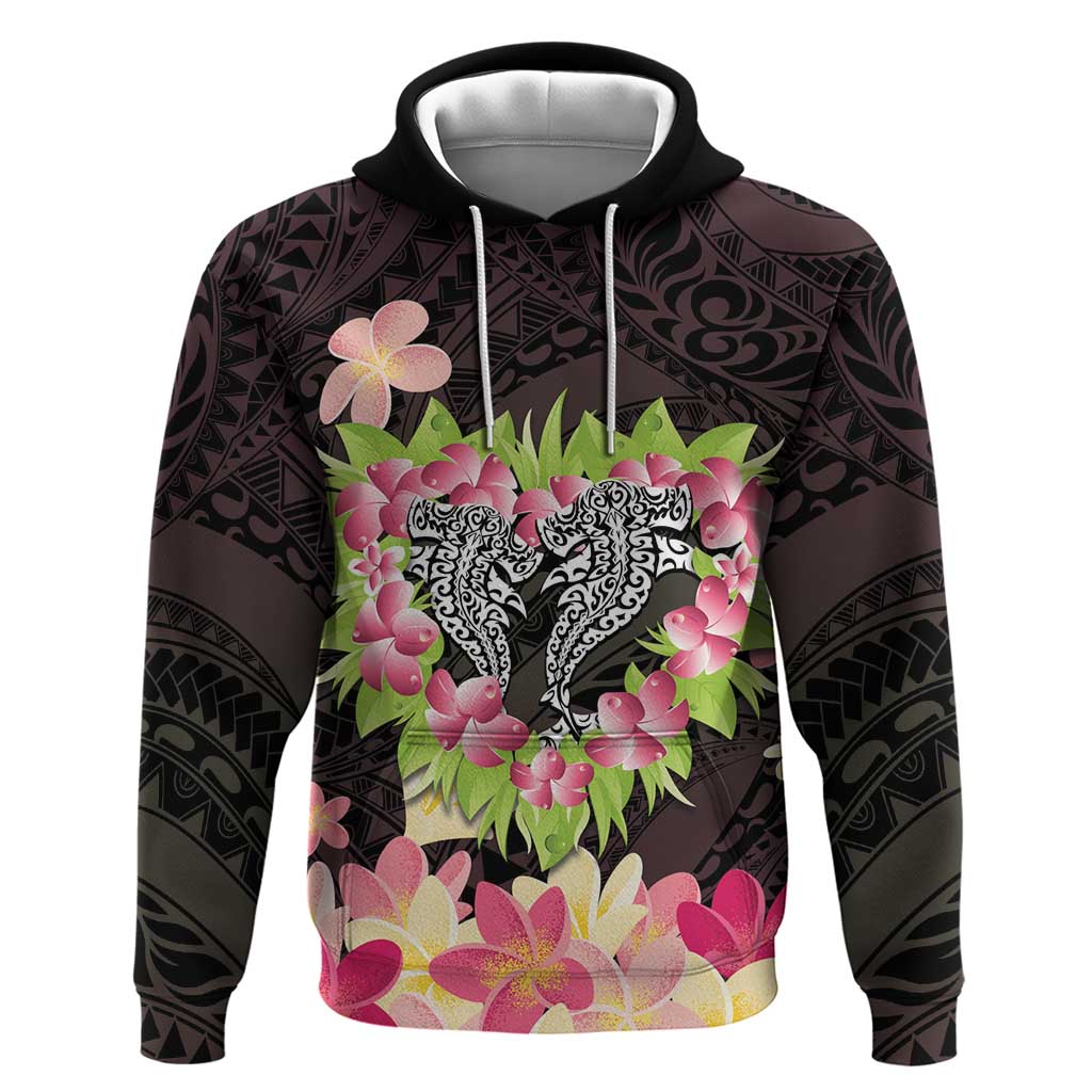 Polynesia Valentine's Day Zip Hoodie Hammerhead Shark Plumeria With Polynesian Pattern LT14 Pullover Hoodie Black - Polynesian Pride