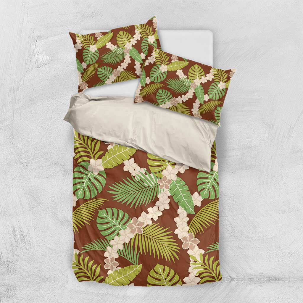 Brown Hawaii Plumeria Lei With Tropical Leaves Bedding Set