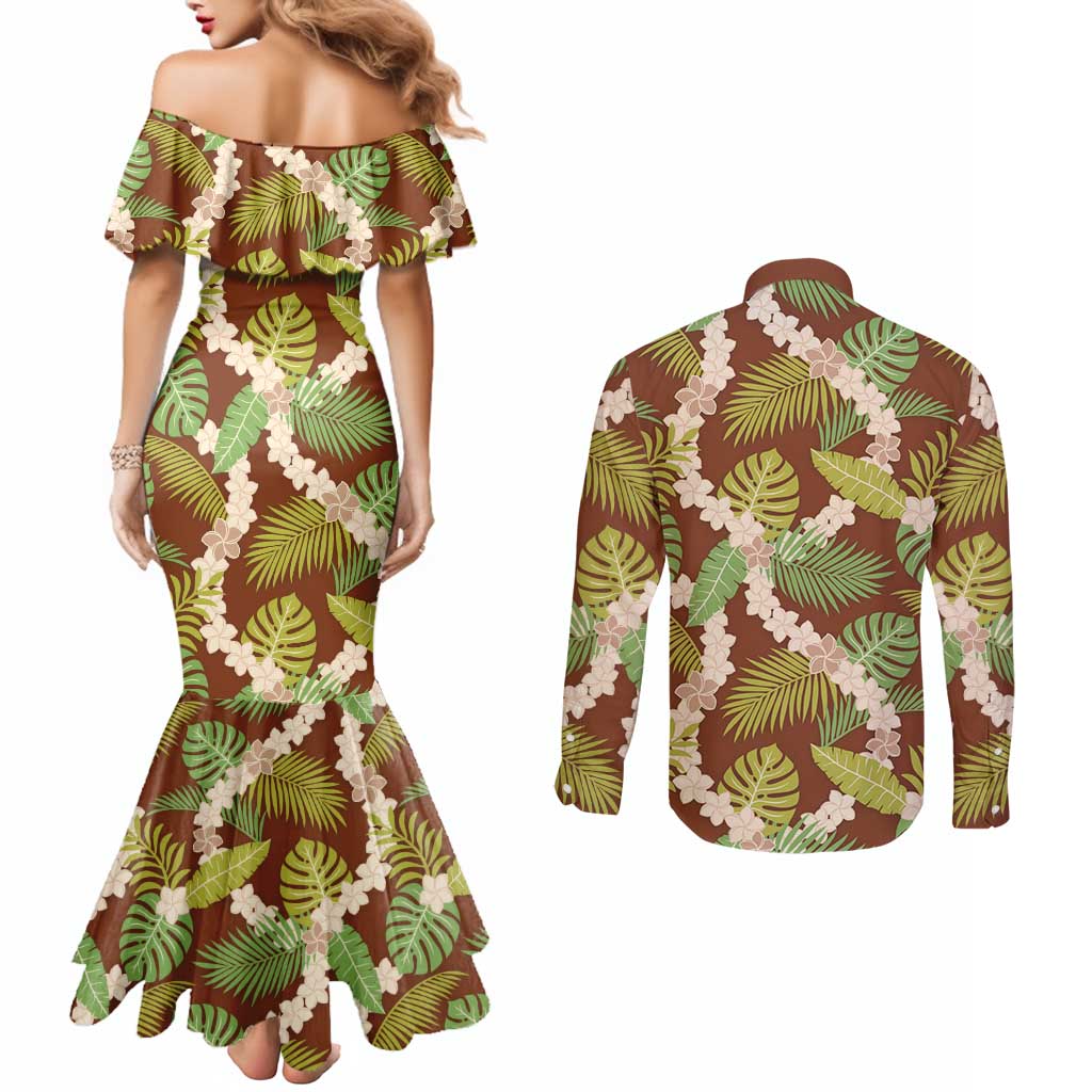 Brown Hawaii Plumeria Lei With Tropical Leaves Couples Matching Mermaid Dress and Long Sleeve Button Shirt