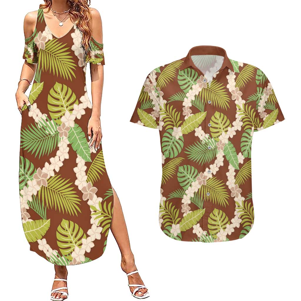 Brown Hawaii Plumeria Lei With Tropical Leaves Couples Matching Summer Maxi Dress and Hawaiian Shirt