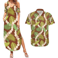 Brown Hawaii Plumeria Lei With Tropical Leaves Couples Matching Summer Maxi Dress and Hawaiian Shirt