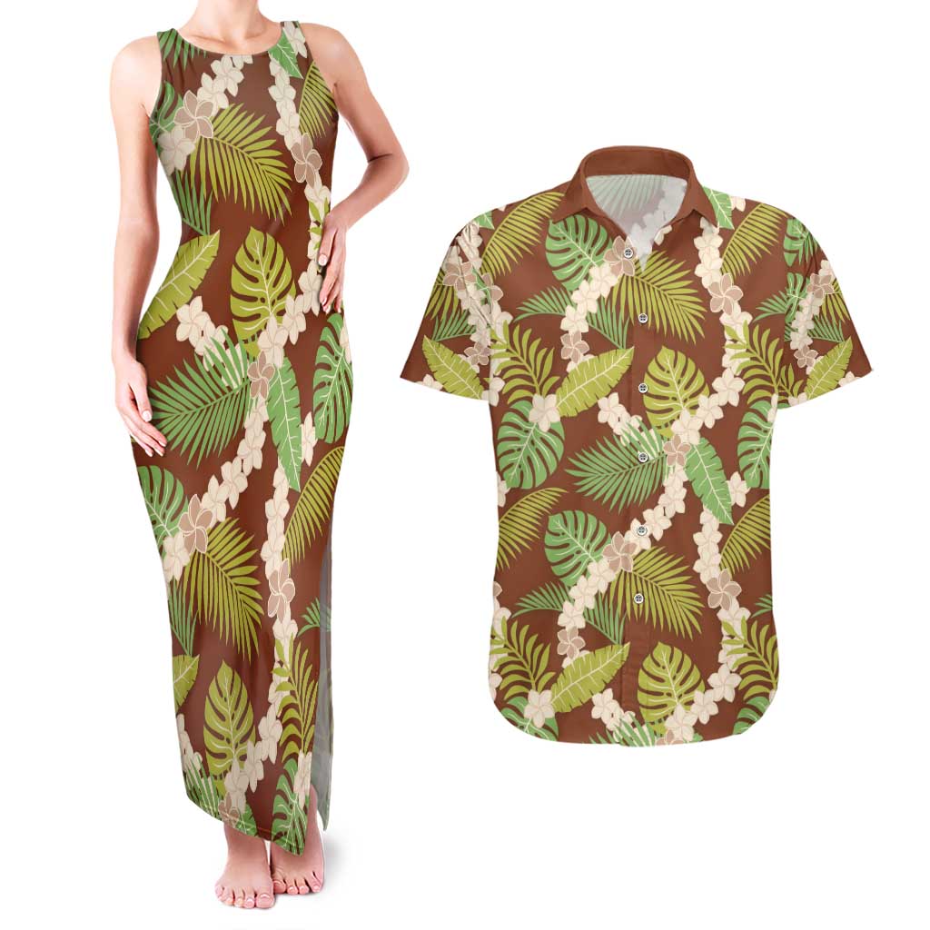 Brown Hawaii Plumeria Lei With Tropical Leaves Couples Matching Tank Maxi Dress and Hawaiian Shirt