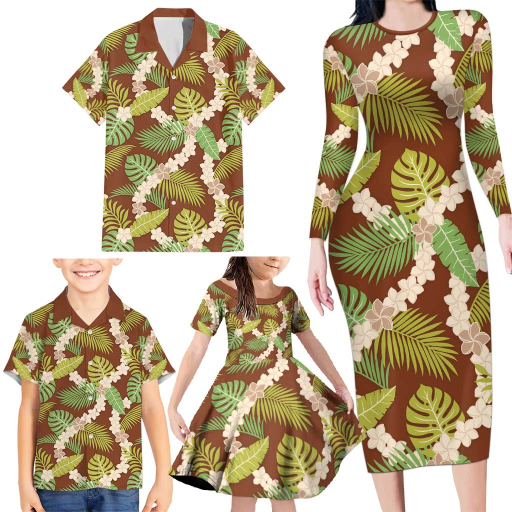 Brown Hawaii Plumeria Lei With Tropical Leaves Family Matching Long Sleeve Bodycon Dress and Hawaiian Shirt