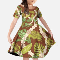 Brown Hawaii Plumeria Lei With Tropical Leaves Family Matching Mermaid Dress and Hawaiian Shirt LT14 Daughter's Dress Brown - Polynesian Pride