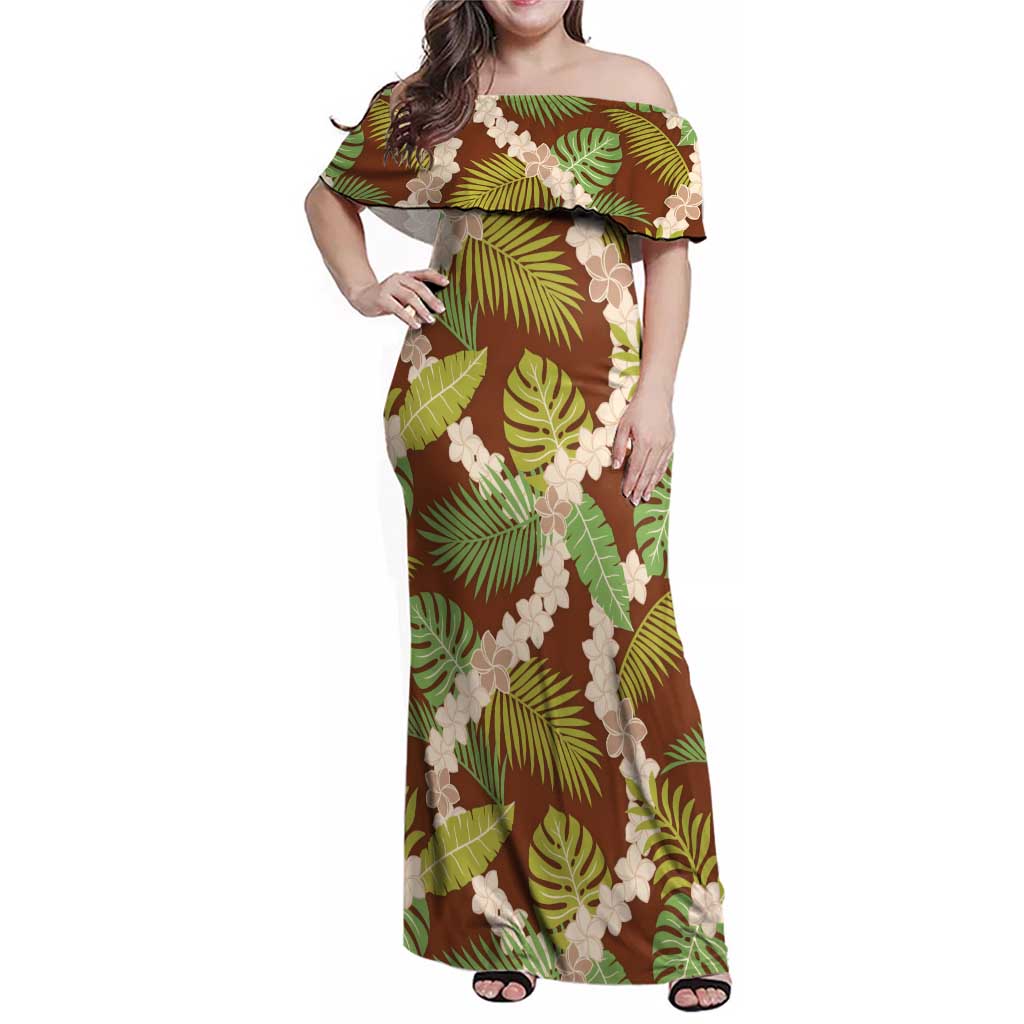 Brown Hawaii Plumeria Lei With Tropical Leaves Family Matching Off Shoulder Maxi Dress and Hawaiian Shirt