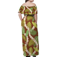 Brown Hawaii Plumeria Lei With Tropical Leaves Family Matching Off Shoulder Maxi Dress and Hawaiian Shirt