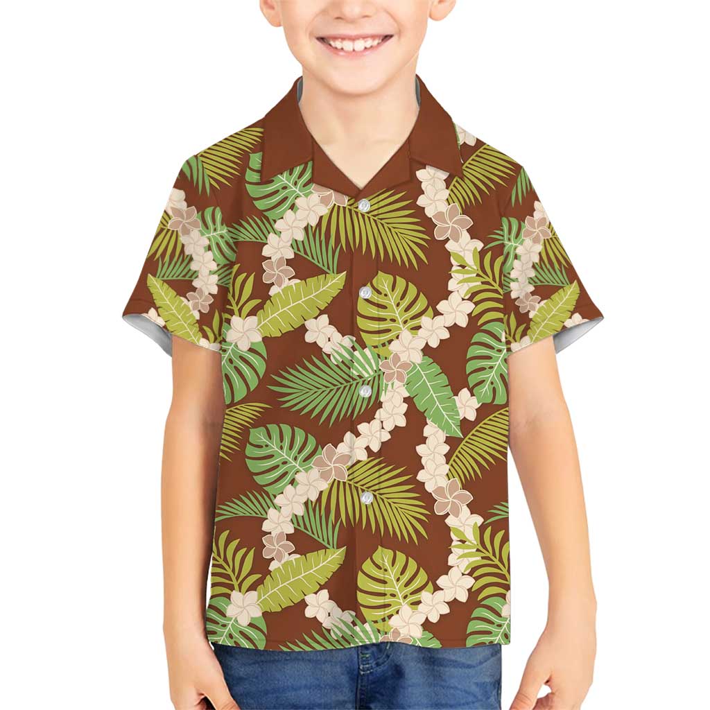Brown Hawaii Plumeria Lei With Tropical Leaves Family Matching Summer Maxi Dress and Hawaiian Shirt