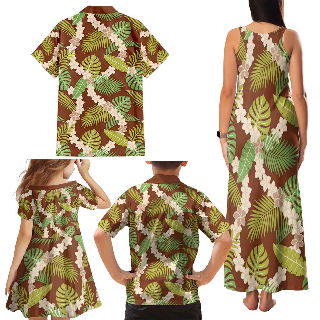 Brown Hawaii Plumeria Lei With Tropical Leaves Family Matching Tank Maxi Dress and Hawaiian Shirt