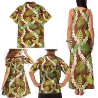 Brown Hawaii Plumeria Lei With Tropical Leaves Family Matching Tank Maxi Dress and Hawaiian Shirt