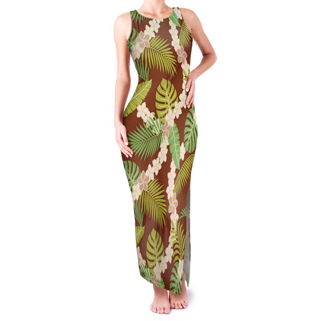 Brown Hawaii Plumeria Lei With Tropical Leaves Family Matching Tank Maxi Dress and Hawaiian Shirt