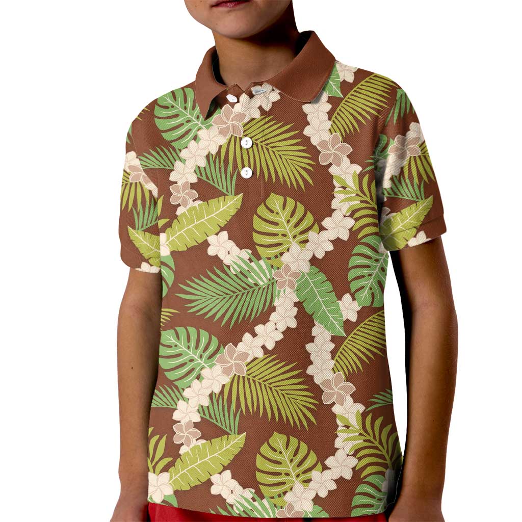 Brown Hawaii Plumeria Lei With Tropical Leaves Kid Polo Shirt LT14 Kid Brown - Polynesian Pride