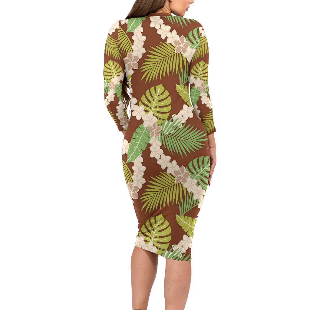Brown Hawaii Plumeria Lei With Tropical Leaves Long Sleeve Bodycon Dress