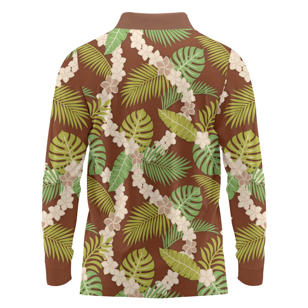 Brown Hawaii Plumeria Lei With Tropical Leaves Long Sleeve Polo Shirt