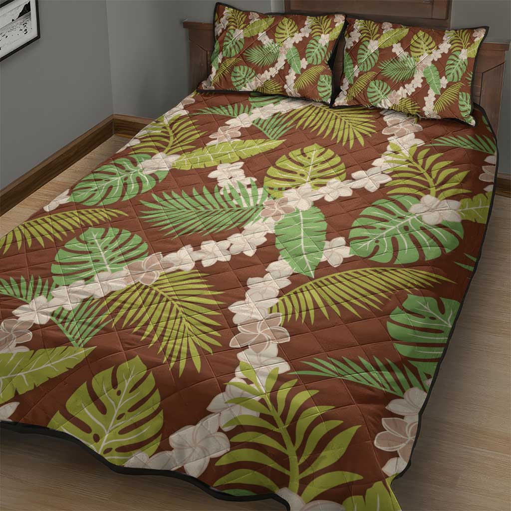 Brown Hawaii Plumeria Lei With Tropical Leaves Quilt Bed Set