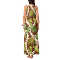 Brown Hawaii Plumeria Lei With Tropical Leaves Tank Maxi Dress