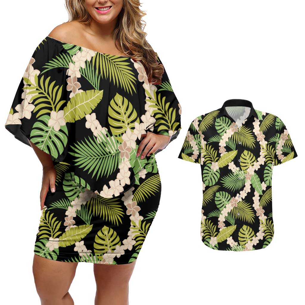 Black Hawaii Plumeria Lei With Tropical Leaves Couples Matching Off Shoulder Short Dress and Hawaiian Shirt