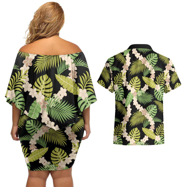 Black Hawaii Plumeria Lei With Tropical Leaves Couples Matching Off