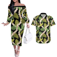 Black Hawaii Plumeria Lei With Tropical Leaves Couples Matching Off The Shoulder Long Sleeve Dress and Hawaiian Shirt