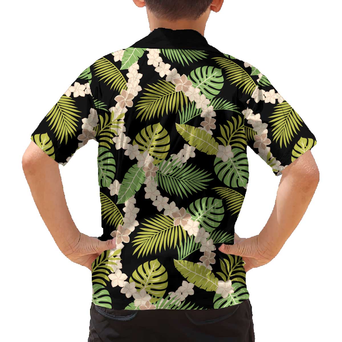 Black Hawaii Plumeria Lei With Tropical Leaves Family Matching Off The Shoulder Long Sleeve Dress and Hawaiian Shirt LT14 - Polynesian Pride