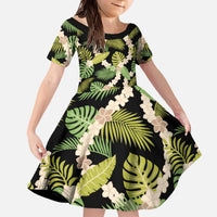 Black Hawaii Plumeria Lei With Tropical Leaves Family Matching Off The Shoulder Long Sleeve Dress and Hawaiian Shirt LT14 Daughter's Dress Black - Polynesian Pride