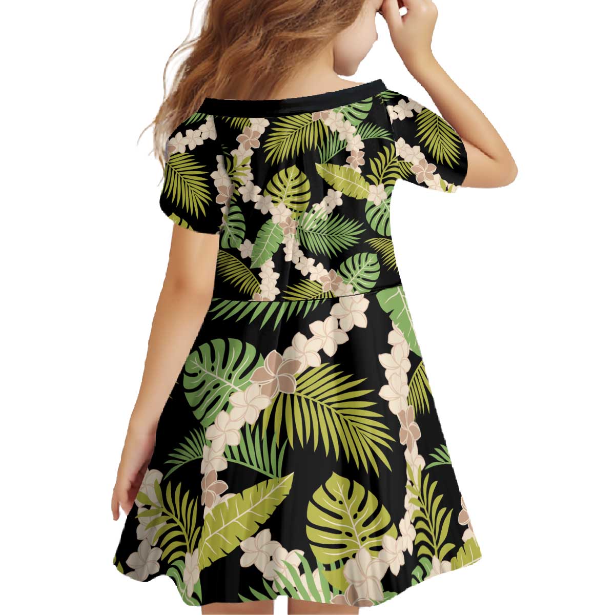 Black Hawaii Plumeria Lei With Tropical Leaves Family Matching Off The Shoulder Long Sleeve Dress and Hawaiian Shirt LT14 - Polynesian Pride