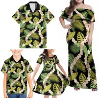Black Hawaii Plumeria Lei With Tropical Leaves Family Matching Off Shoulder Maxi Dress and Hawaiian Shirt