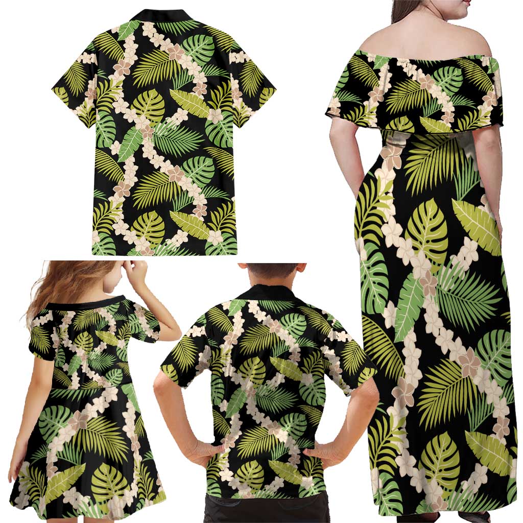 Black Hawaii Plumeria Lei With Tropical Leaves Family Matching Off Shoulder Maxi Dress and Hawaiian Shirt