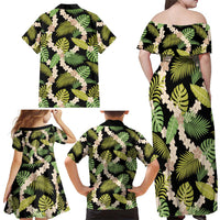 Black Hawaii Plumeria Lei With Tropical Leaves Family Matching Off Shoulder Maxi Dress and Hawaiian Shirt