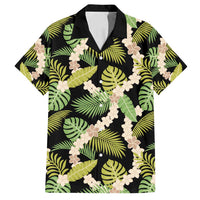 Black Hawaii Plumeria Lei With Tropical Leaves Family Matching Off Shoulder Short Dress and Hawaiian Shirt
