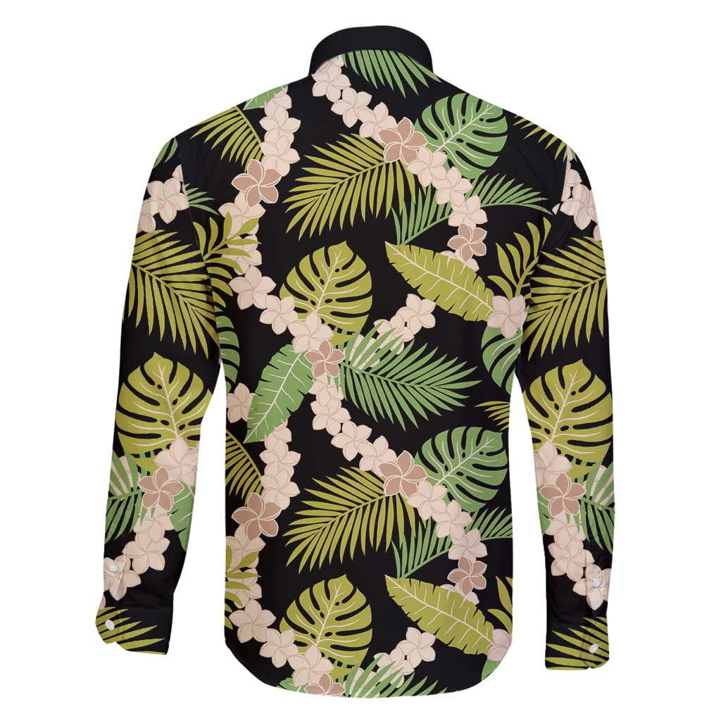 Black Hawaii Plumeria Lei With Tropical Leaves Family Matching Off Shoulder Short Dress and Hawaiian Shirt
