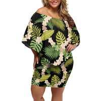 Black Hawaii Plumeria Lei With Tropical Leaves Family Matching Off Shoulder Short Dress and Hawaiian Shirt