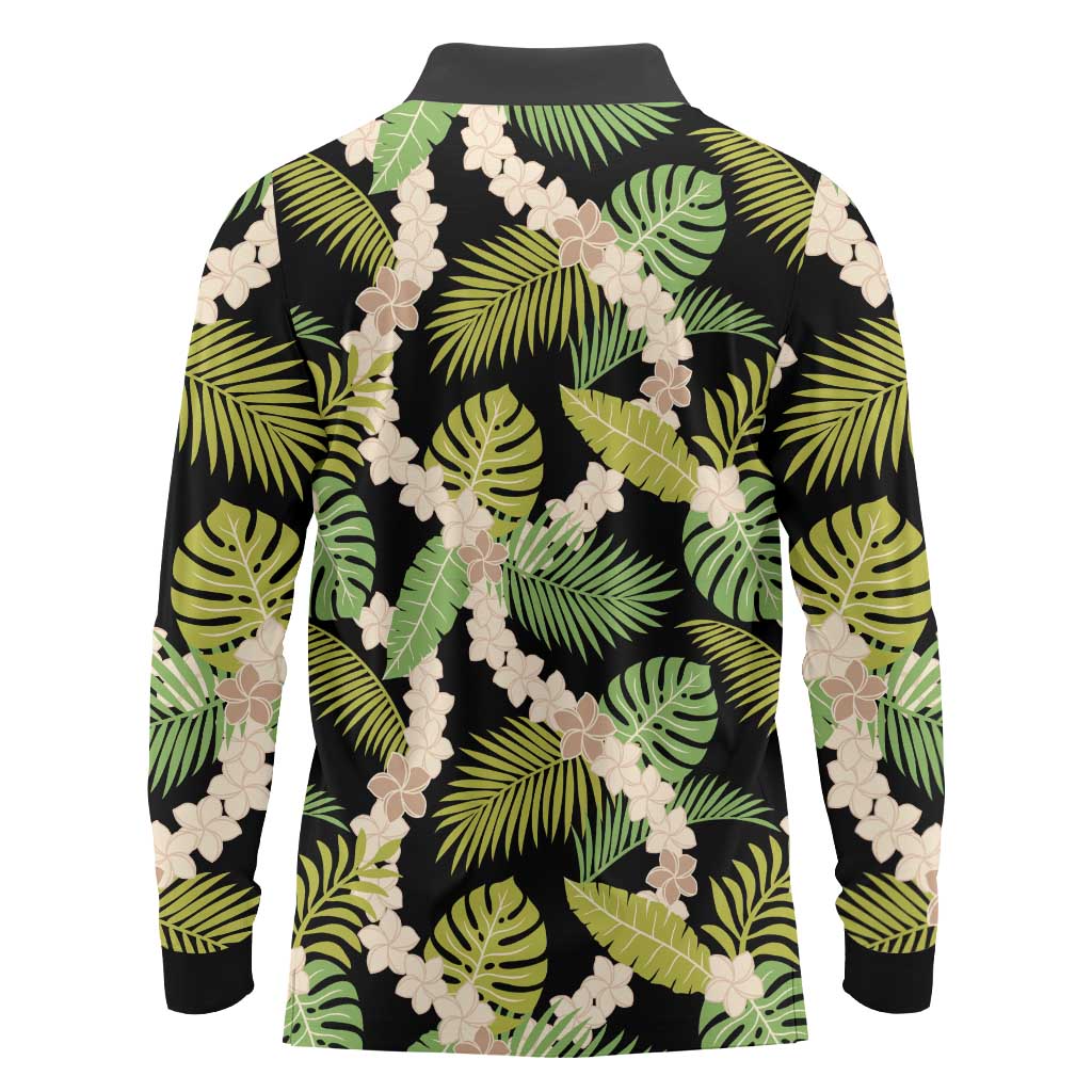 Black Hawaii Plumeria Lei With Tropical Leaves Long Sleeve Polo Shirt