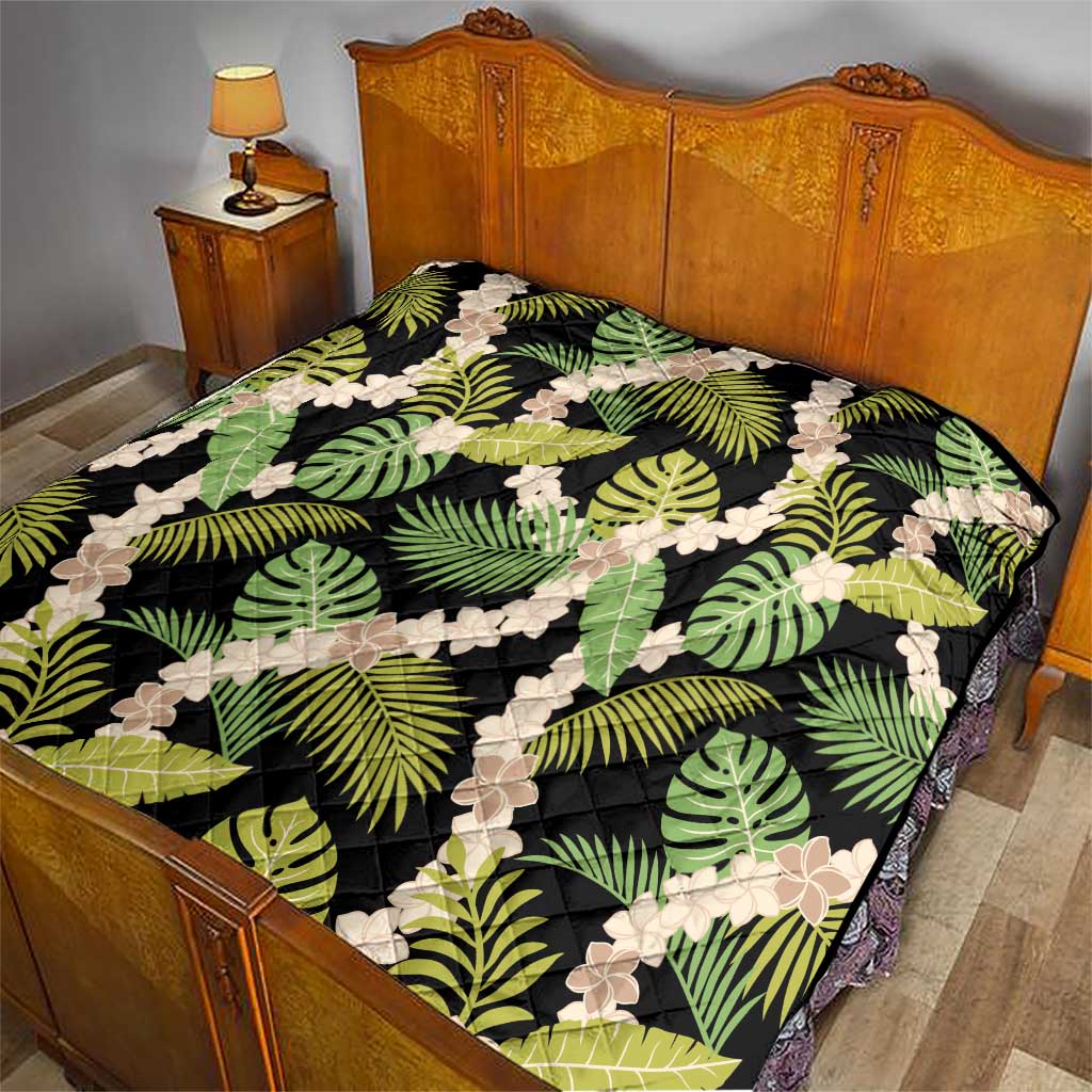 Black Hawaii Plumeria Lei With Tropical Leaves Quilt LT14 - Polynesian Pride