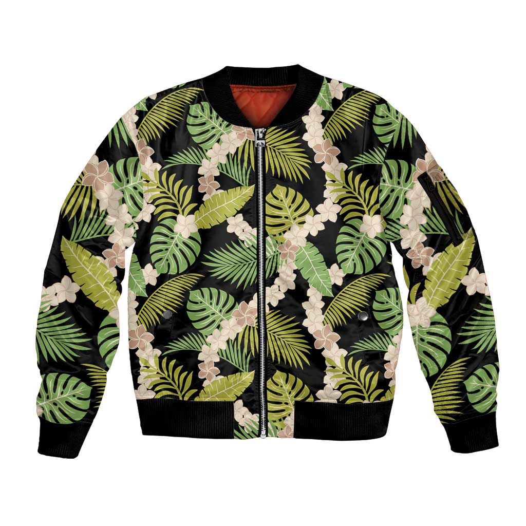 Black Hawaii Plumeria Lei With Tropical Leaves Sleeve Zip Bomber Jacket LT14 Unisex Black - Polynesian Pride