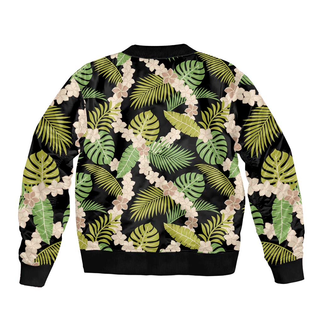 Black Hawaii Plumeria Lei With Tropical Leaves Sleeve Zip Bomber Jacket LT14 - Polynesian Pride