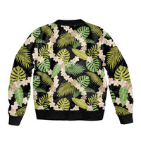 Black Hawaii Plumeria Lei With Tropical Leaves Sleeve Zip Bomber Jacket LT14 - Polynesian Pride