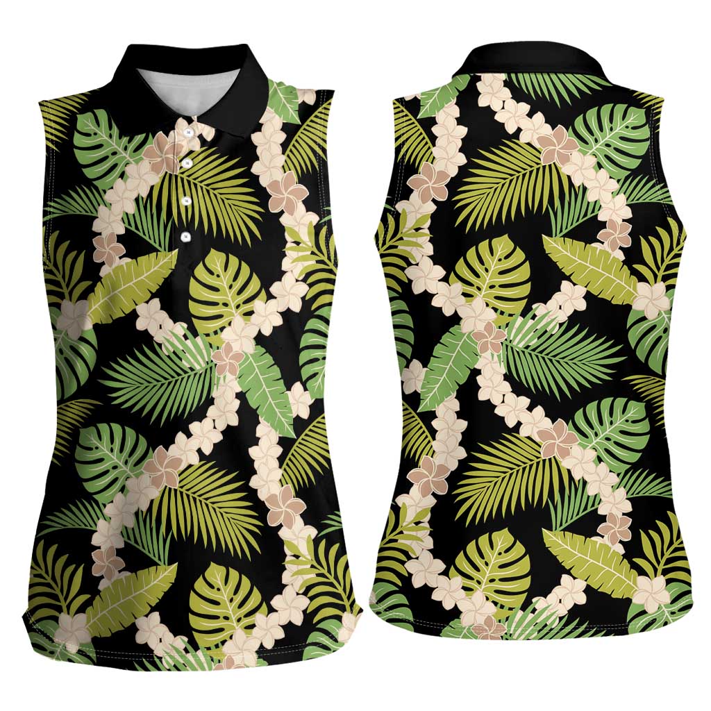 Black Hawaii Plumeria Lei With Tropical Leaves Women Sleeveless Polo Shirt