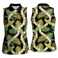 Black Hawaii Plumeria Lei With Tropical Leaves Women Sleeveless Polo Shirt