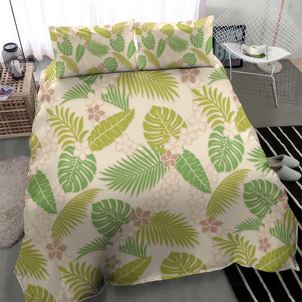 Beige Hawaii Plumeria Lei With Tropical Leaves Bedding Set