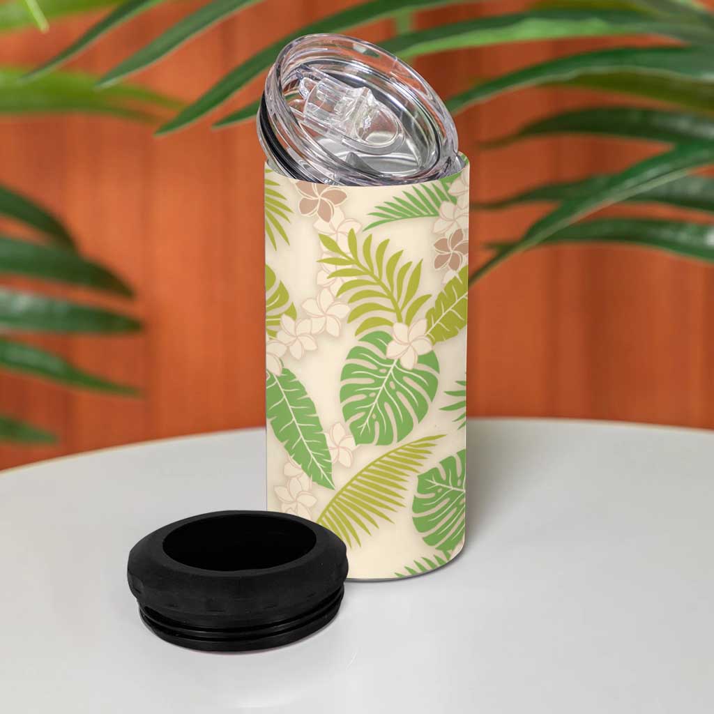 Beige Hawaii Plumeria Lei With Tropical Leaves 4 in 1 Can Cooler Tumbler