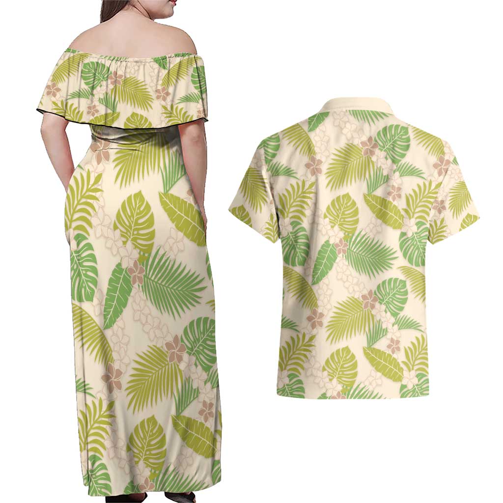 Beige Hawaii Plumeria Lei With Tropical Leaves Couples Matching Off Shoulder Maxi Dress and Hawaiian Shirt